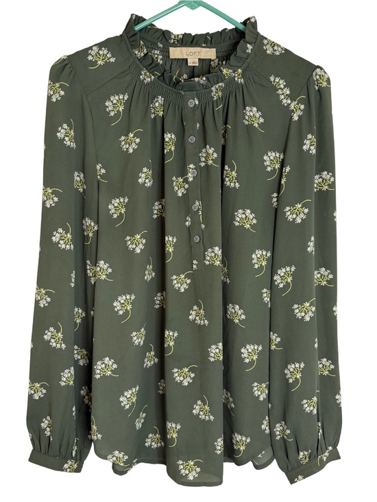 LOFT Tops - 3/$20 LOFT Olive Green Floral Ruffle Neck Long Sleeve Blouse